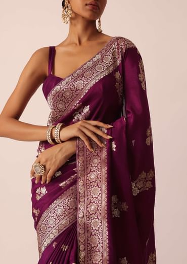 Wine Silk Saree with Butta Detail And Unstitched Blouse Piece