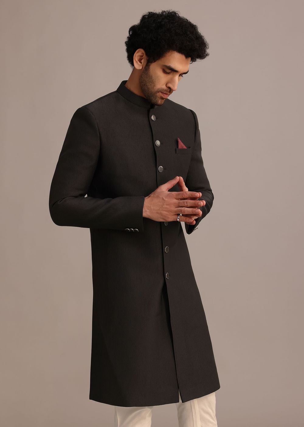 Black Textured Sherwani Set With Mandarin Collar