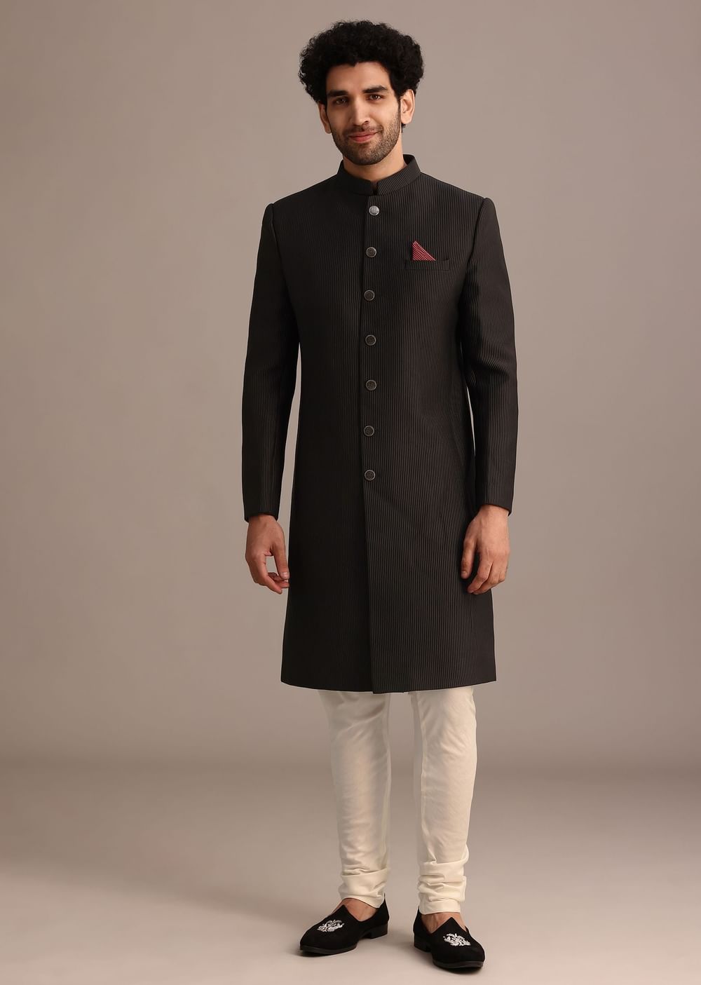 Black Textured Sherwani Set With Mandarin Collar