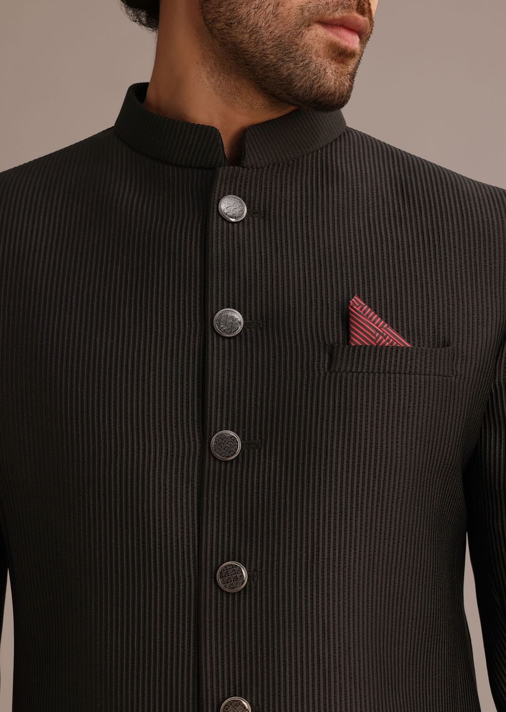 Black Textured Sherwani Set With Mandarin Collar