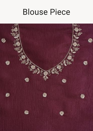 Wine Tissue Saree With Sequin And Cutdana Border And Unstitched Blouse