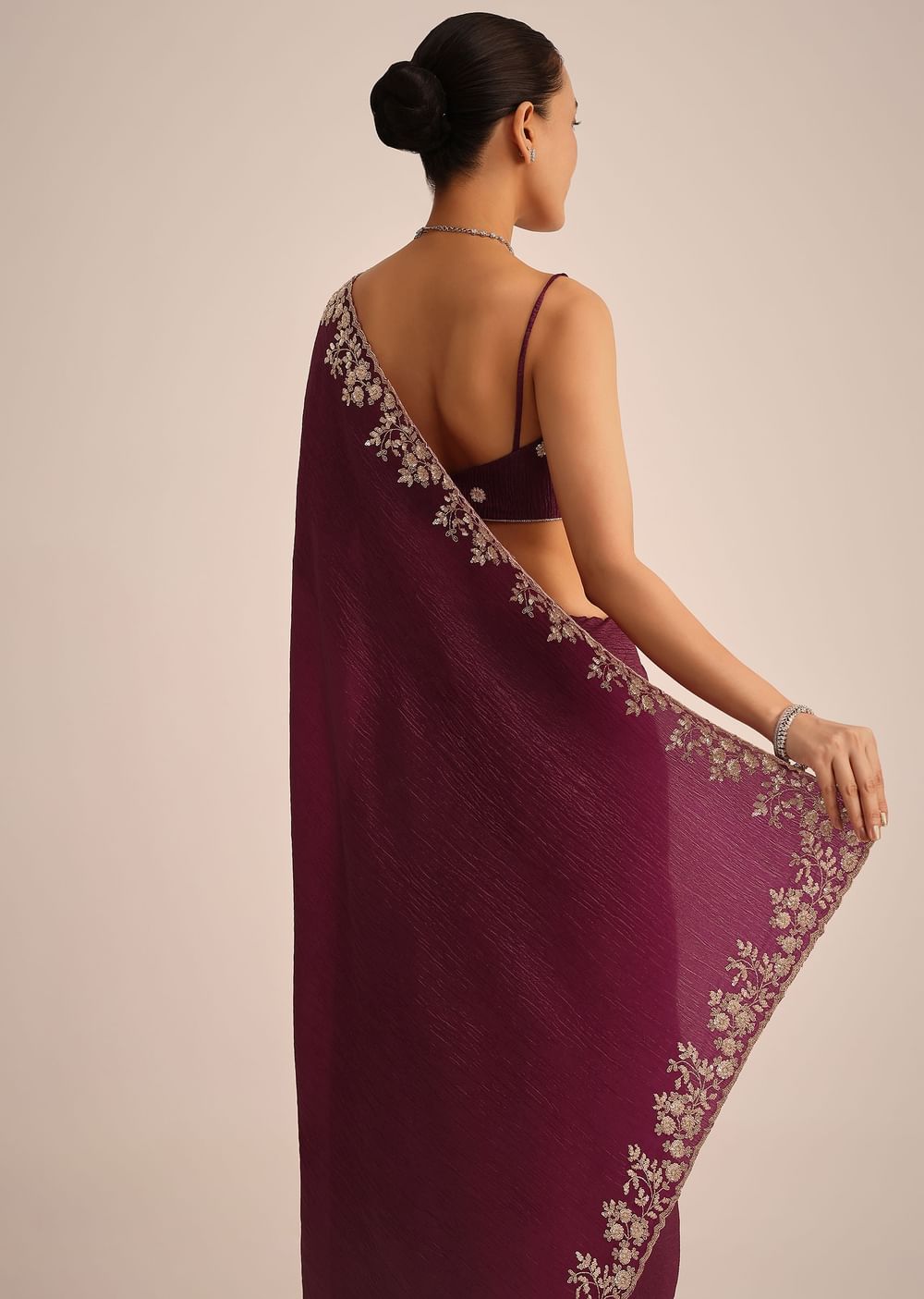 Wine Tissue Saree With Sequin And Cutdana Border And Unstitched Blouse