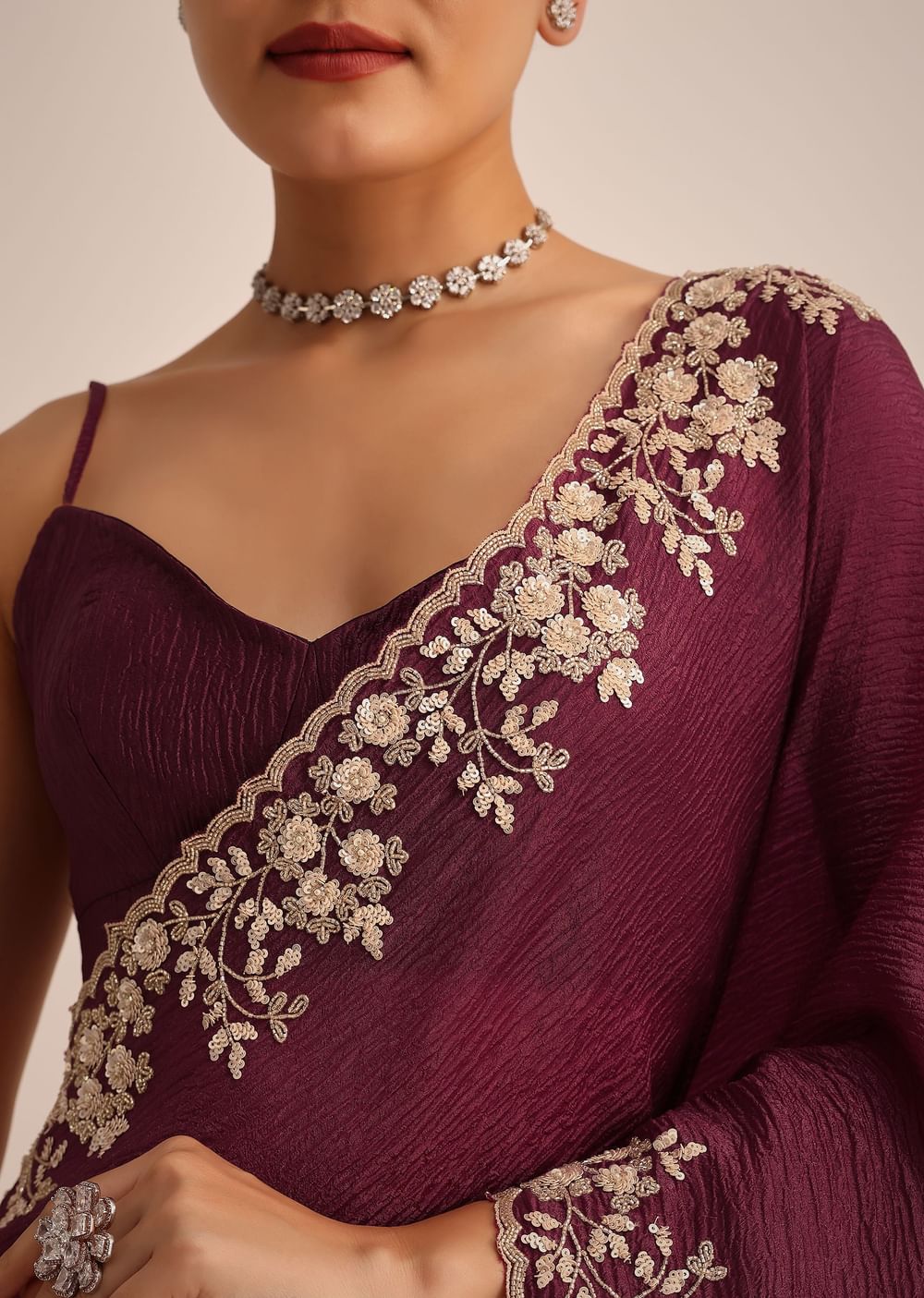 Wine Tissue Saree With Sequin And Cutdana Border And Unstitched Blouse