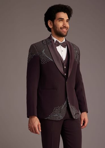 Wine Tuxedo With Beaded Detailing And Satin Peak Lapel
