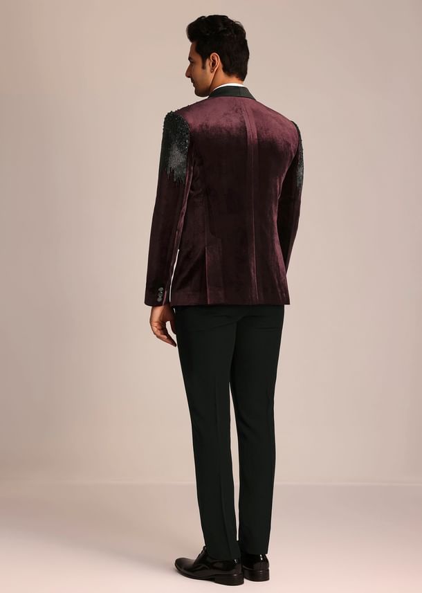 Wine Velvet Suit Set With Zardosi Detailing