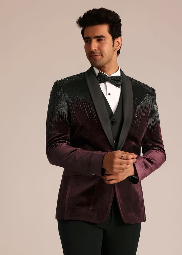 Wine Velvet Suit Set With Zardosi Detailing