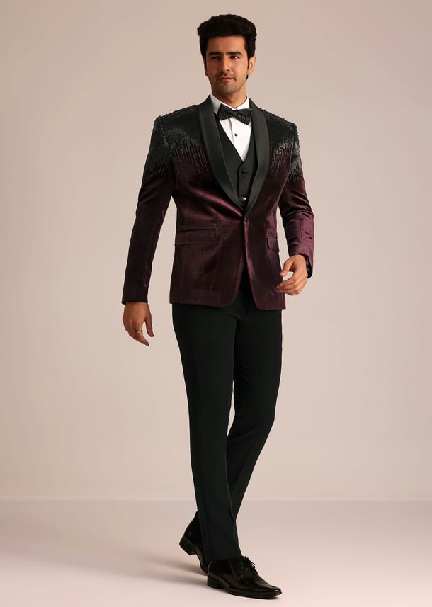 Wine Velvet Suit Set With Zardosi Detailing