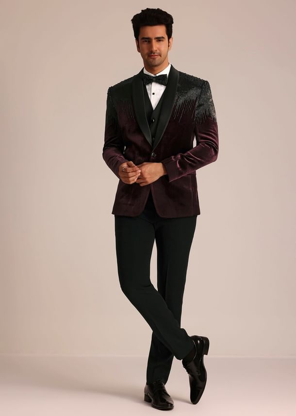 Wine Velvet Suit Set With Zardosi Detailing