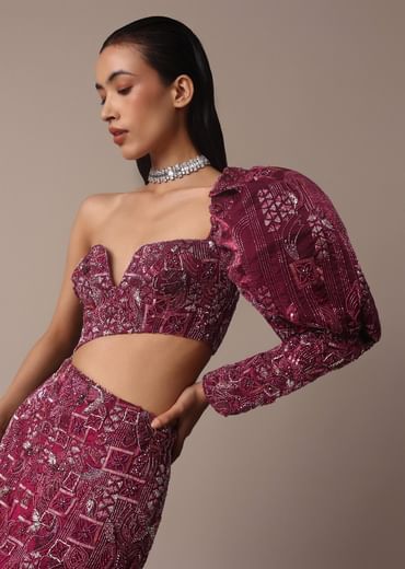 Wine Fish Cut One Shoulder Gown With 3D Organza Frills