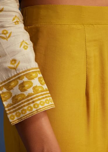 Yellow And Cream Silk Printed Anarkali Set With Chiffon Dupatta