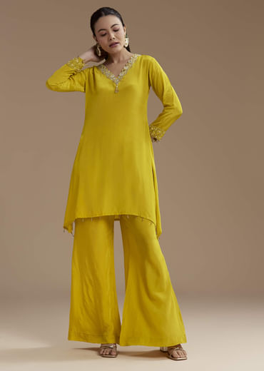 Yellow Asymmetric Kurta and Palazzo Set