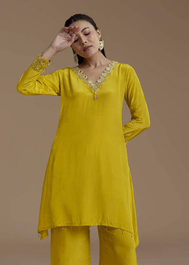 Yellow Asymmetric Kurta and Palazzo Set
