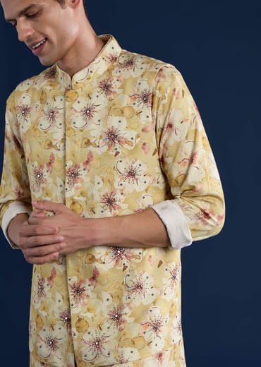 Yellow Banarasi Silk Jacket Kurta Set