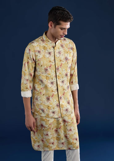 Yellow Banarasi Silk Jacket Kurta Set
