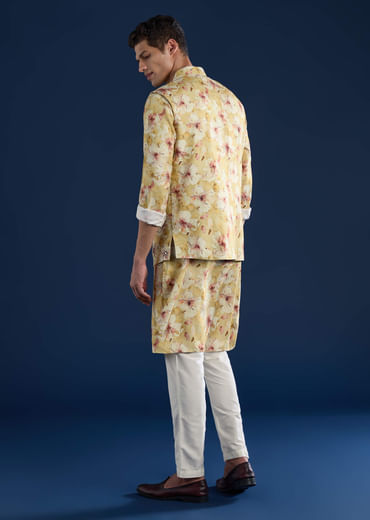 Yellow Banarasi Silk Jacket Kurta Set