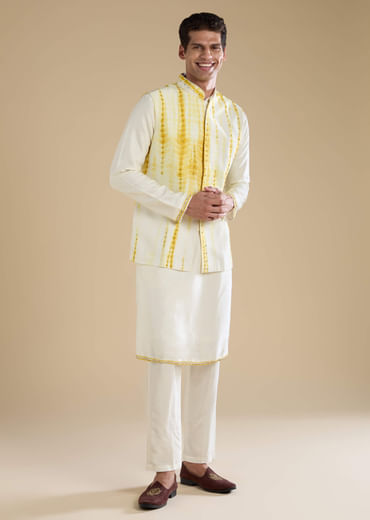 Yellow Banarasi Silk Jacket Kurta Set with Sequin Work