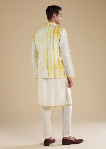 Yellow Banarasi Silk Jacket Kurta Set with Sequin Work