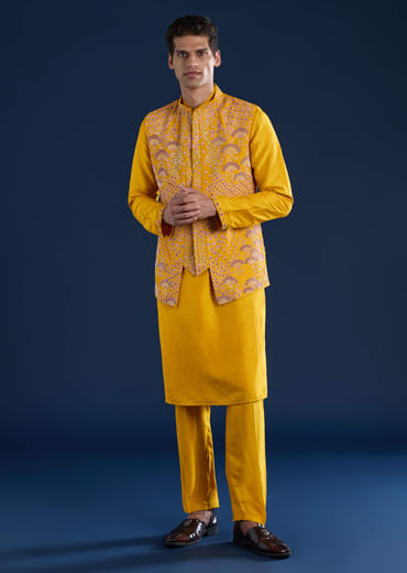 Yellow Banarasi Silk Jacket Kurta Set with Zardozi Work