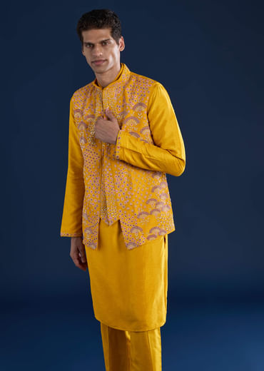 Yellow Banarasi Silk Jacket Kurta Set with Zardozi Work