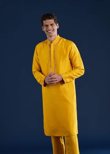 Yellow Banarasi Silk Jacket Kurta Set with Zardozi Work