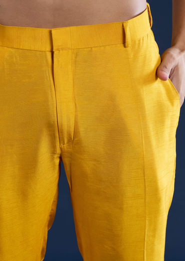 Yellow Banarasi Silk Jacket Kurta Set with Zardozi Work