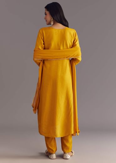 Yellow Bandhani Print Dola Silk Zardosi Kurta Set With Dupatta