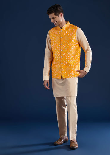 Yellow Bandhani Silk Jacket Kurta Set