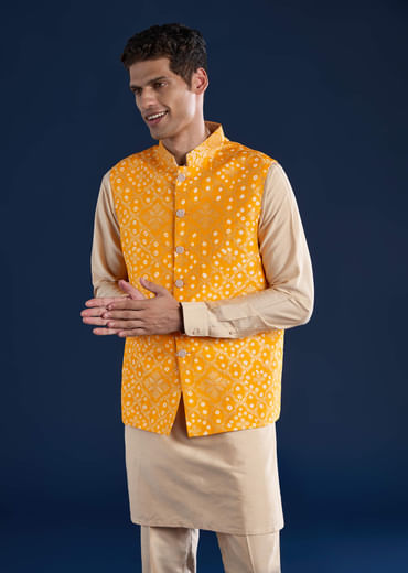 Yellow Bandhani Silk Jacket Kurta Set