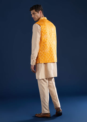 Yellow Bandhani Silk Jacket Kurta Set