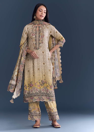 Yellow Beige Ombre Crepe Kurta Set With Floral Print