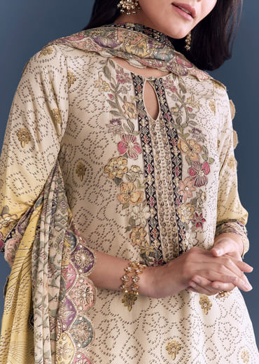 Yellow Beige Ombre Crepe Kurta Set With Floral Print
