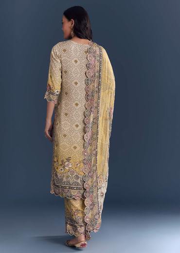 Yellow Beige Ombre Crepe Kurta Set With Floral Print