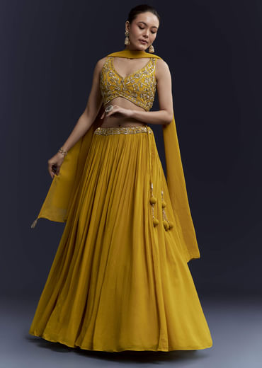 Yellow Bridesmaid Georgette Lehenga Set with Cutdana Embroidery