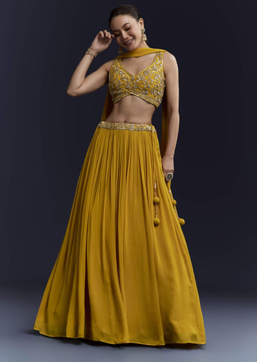 Yellow Bridesmaid Georgette Lehenga Set with Cutdana Embroidery