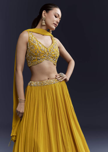 Yellow Bridesmaid Georgette Lehenga Set with Cutdana Embroidery