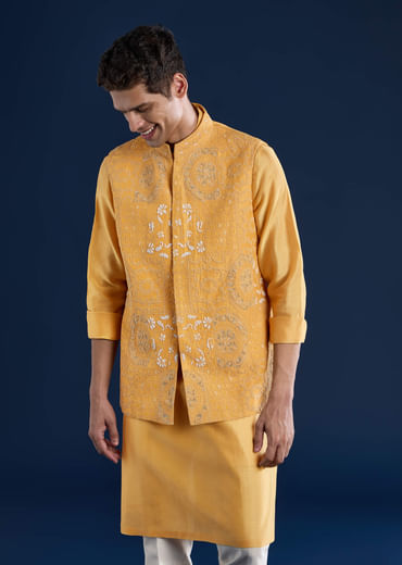 Yellow Chanderi Jacket Kurta Set with Dori Work