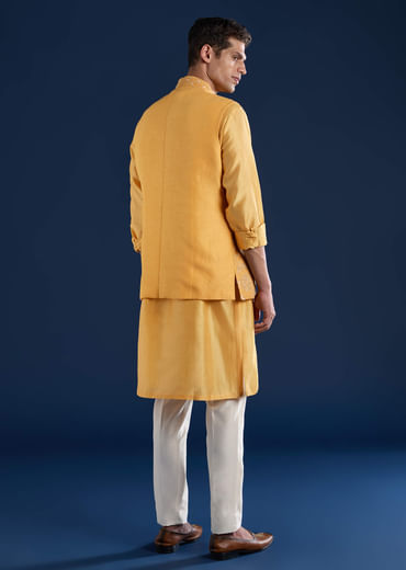 Yellow Chanderi Jacket Kurta Set with Dori Work