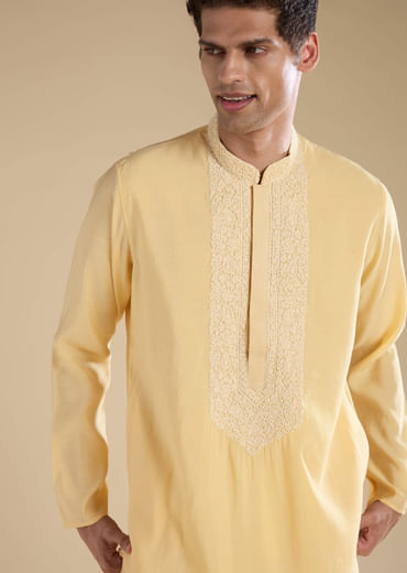 Yellow Chanderi Kashmiri Hand Work Straight Mens Kurta Set