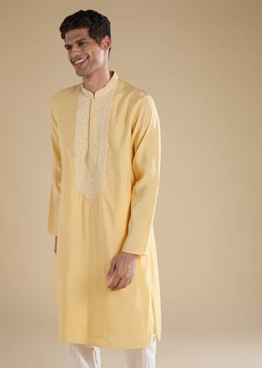 Yellow Chanderi Kashmiri Hand Work Straight Mens Kurta Set