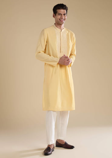 Yellow Chanderi Kashmiri Hand Work Straight Mens Kurta Set
