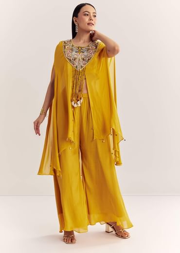 Yellow Chinon Cape Set With Zardosi Thread And Moti Work