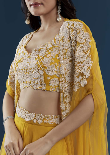 Yellow Chinon Crop Top Palazzo Set with Cape