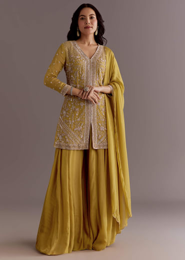 Yellow Chinon Embroidered Kurta Palazzo Suit With Dupatta