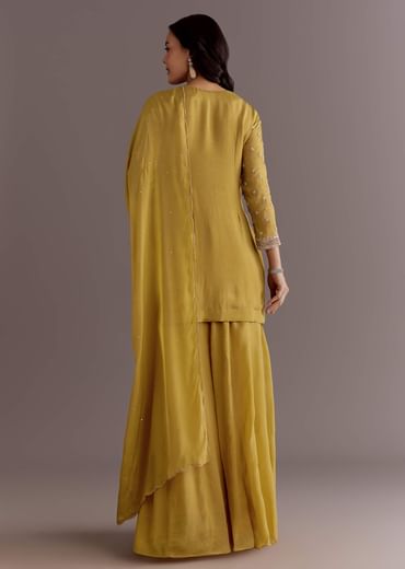 Yellow Chinon Embroidered Kurta Palazzo Suit With Dupatta
