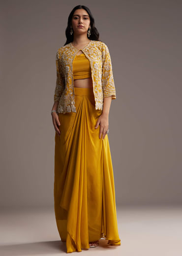 Yellow Chinon Indo Western Set With Embroidered Jacket