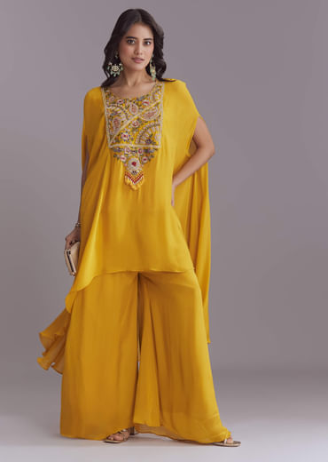 Yellow Chinon Kaftan Top And Palazzo Set With Embroidery