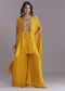 Yellow Chinon Kaftan Top And Palazzo Set With Embroidery