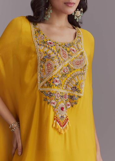 Yellow Chinon Kaftan Top And Palazzo Set With Embroidery