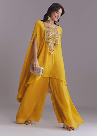 Yellow Chinon Kaftan Top And Palazzo Set With Embroidery