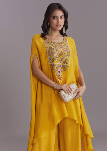 Yellow Chinon Kaftan Top And Palazzo Set With Embroidery